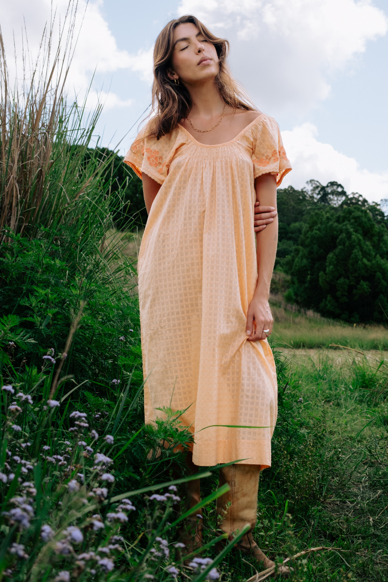 Betty Embroidered Midi Dress - Apricot