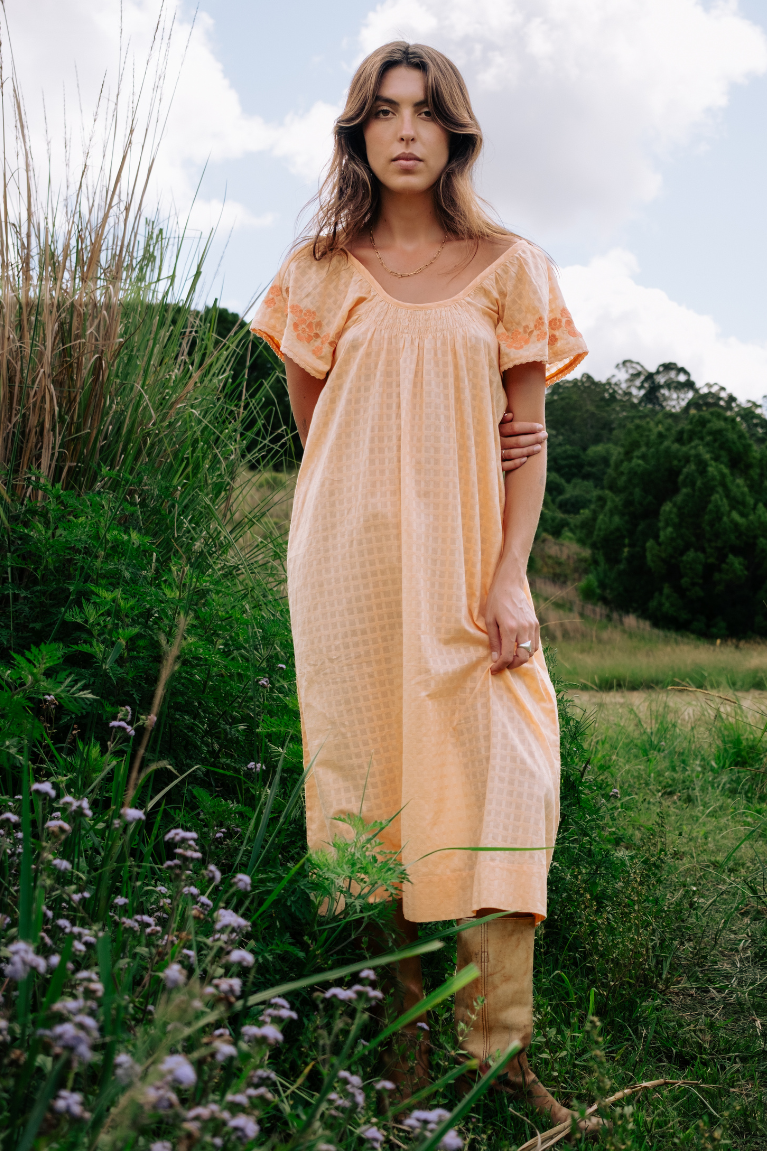 Betty Embroidered Midi Dress - Apricot