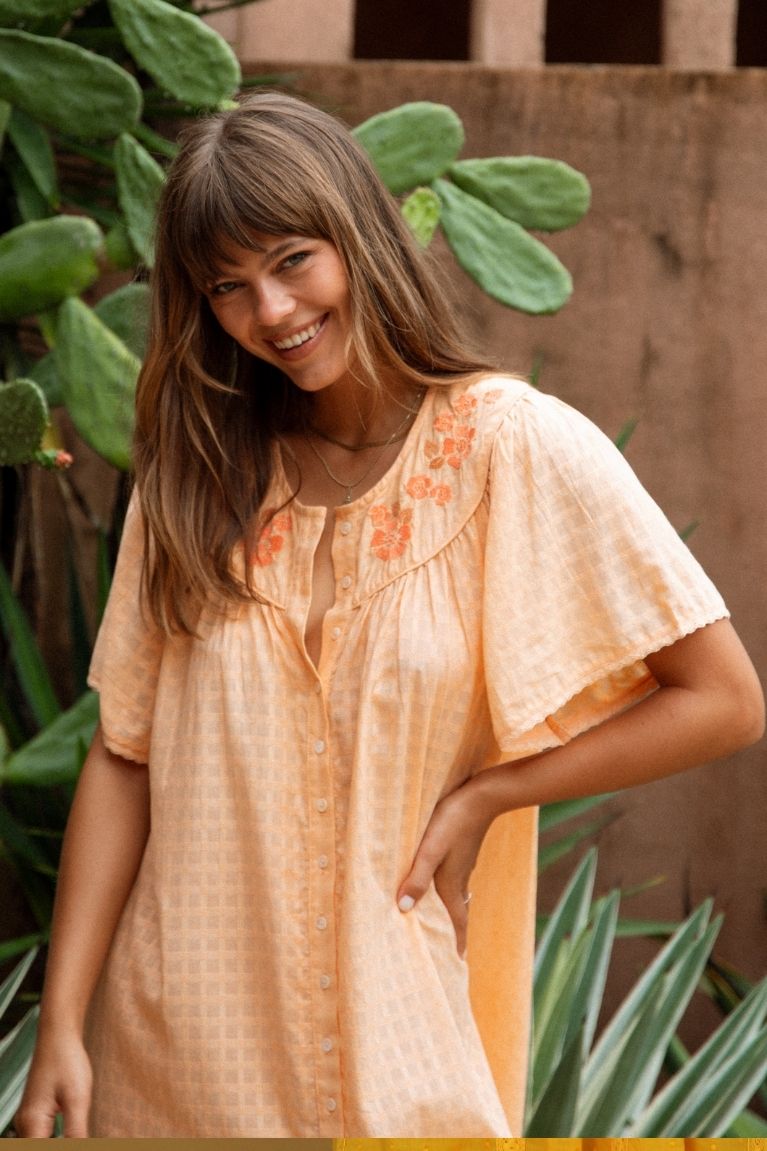 Betty Embroidered Smock Dress - Apricot