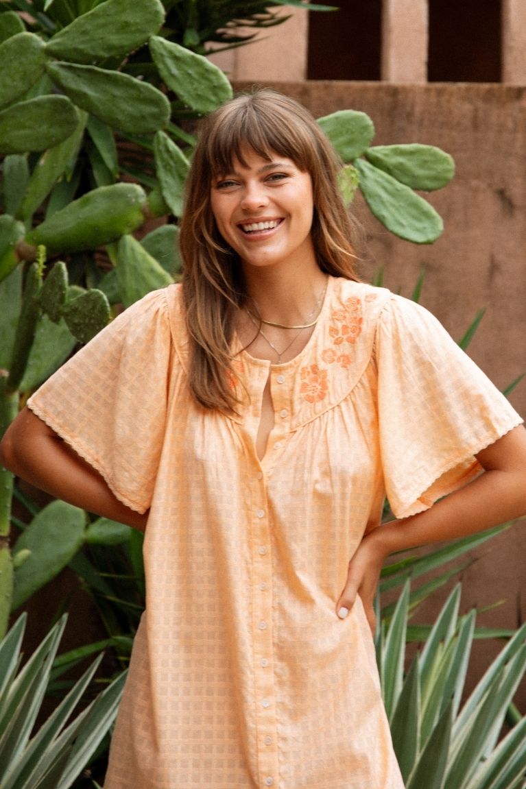 Betty Embroidered Smock Dress - Apricot