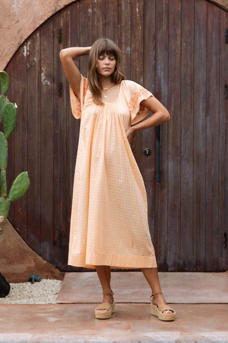 Betty Embroidered Midi Dress - Apricot