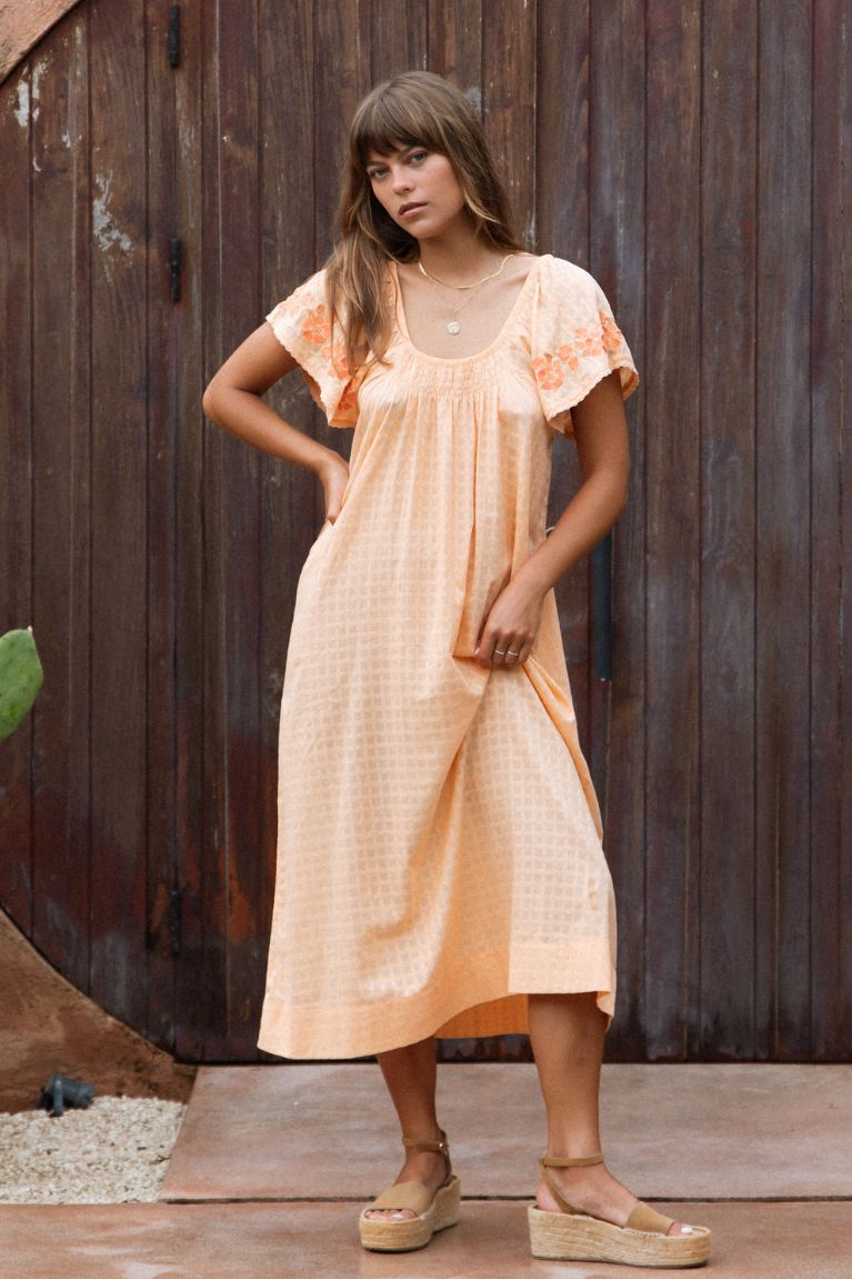 Betty Embroidered Midi Dress - Apricot