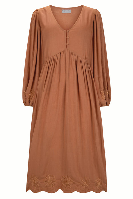 Daisy Embroidery Midi Dress - Pecan