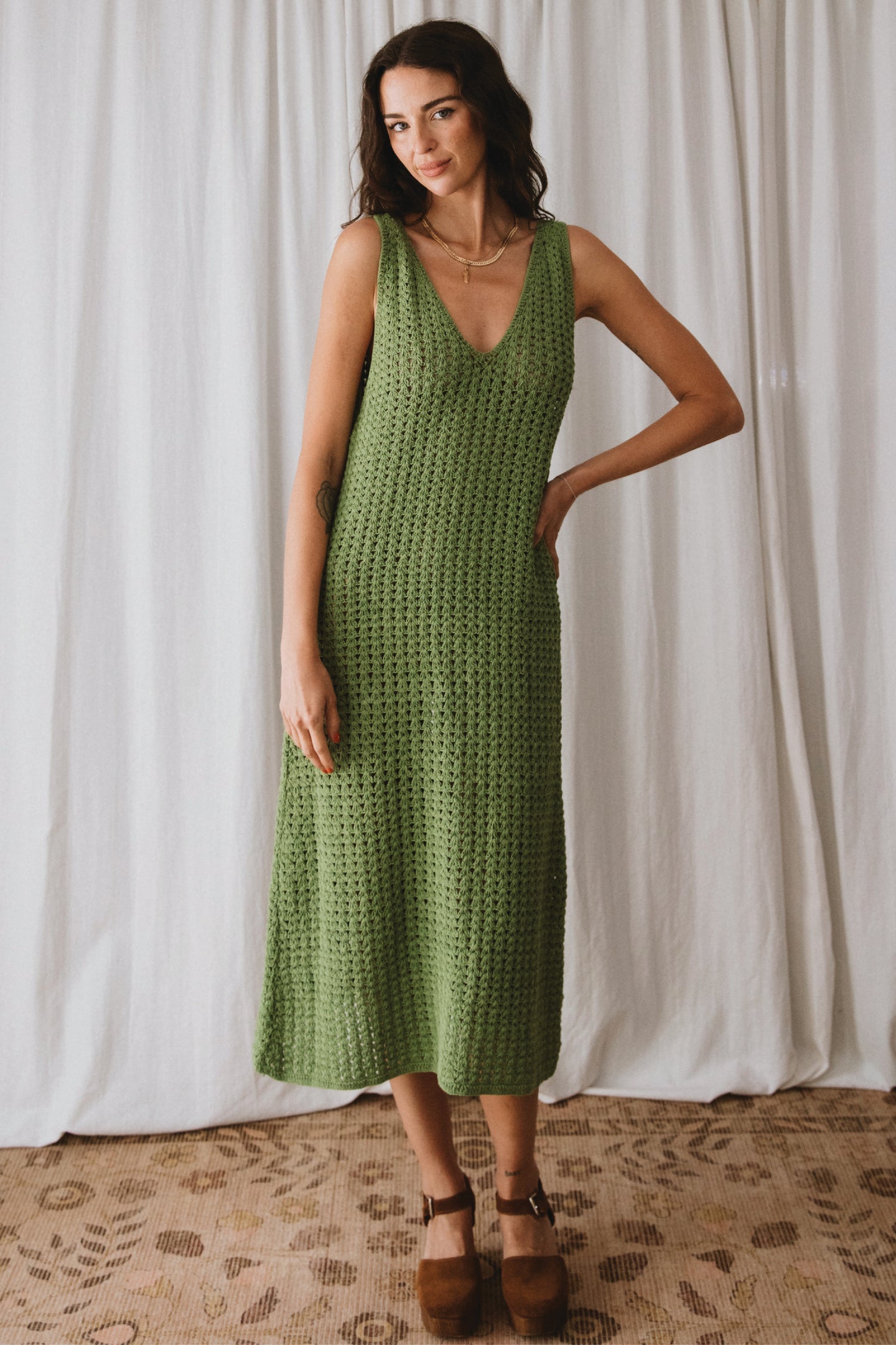 Maggie Crochet Midi Dress - Olive