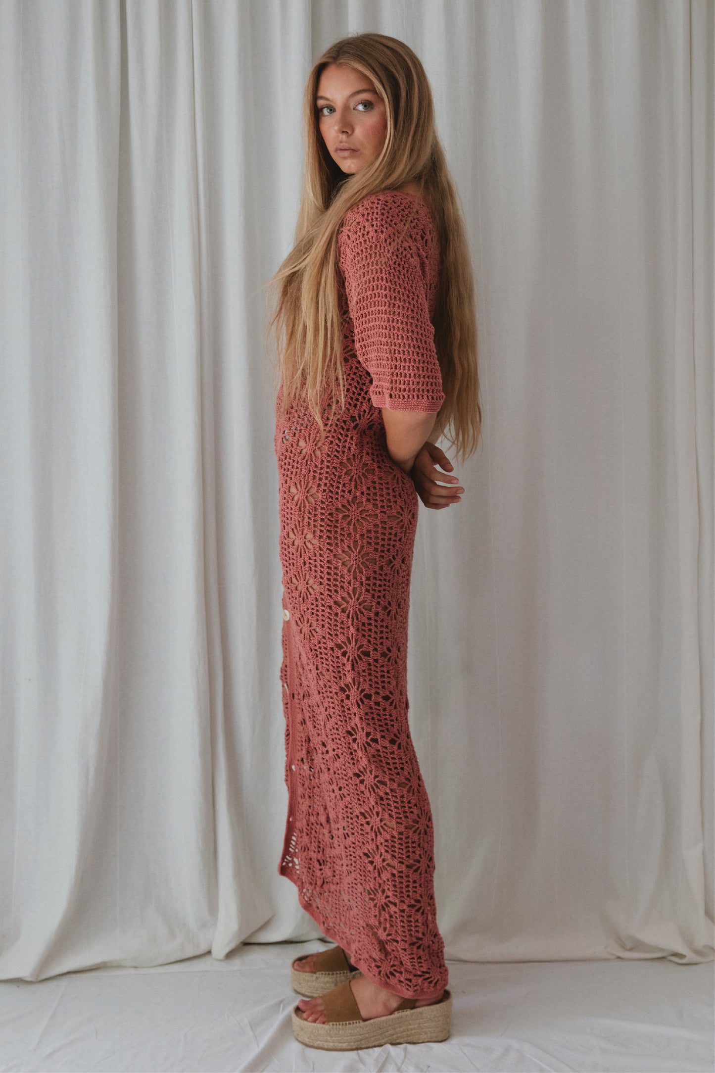 Nellie Crochet Midi Dress - Rose